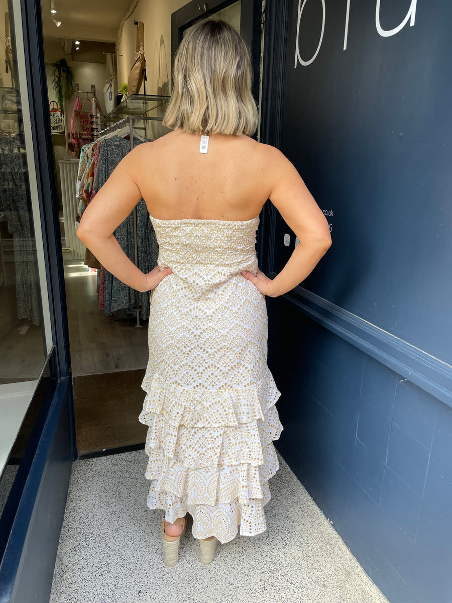 Sundress Flavie Eyelet Dress in White \u0026 Gold – blue Saffron Walden