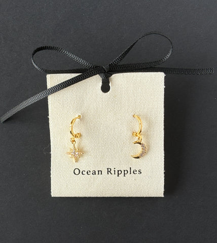Ocean Ripples Star & Moon Zirconia Earrings B585