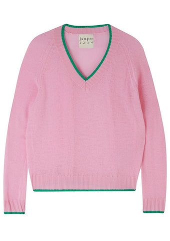 Jumper 1234 Cashmere Contrast Tip V Neck Sweater in Rose and Bright Green