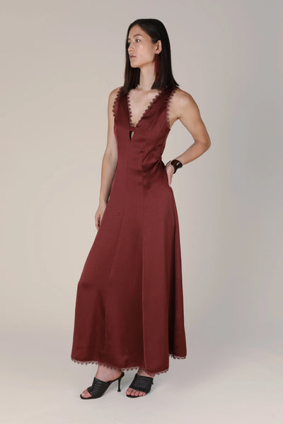 Vivere Isidora Lace Trim Dress in Brown