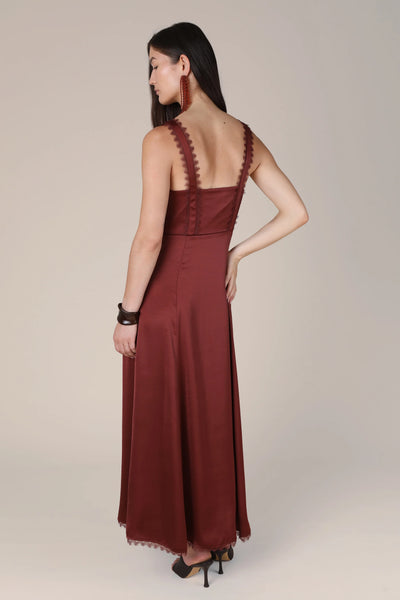 Vivere Isidora Lace Trim Dress in Brown