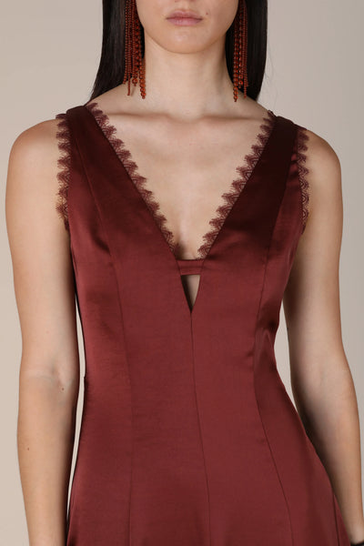 Vivere Isidora Lace Trim Dress in Brown