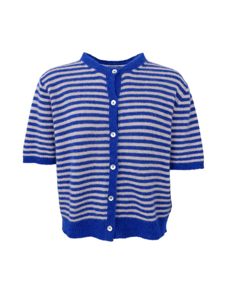 Black Colour Dell Striped Short Sleeve Stripe Cardigan in Blue Blue and white striped cardigan on a white background