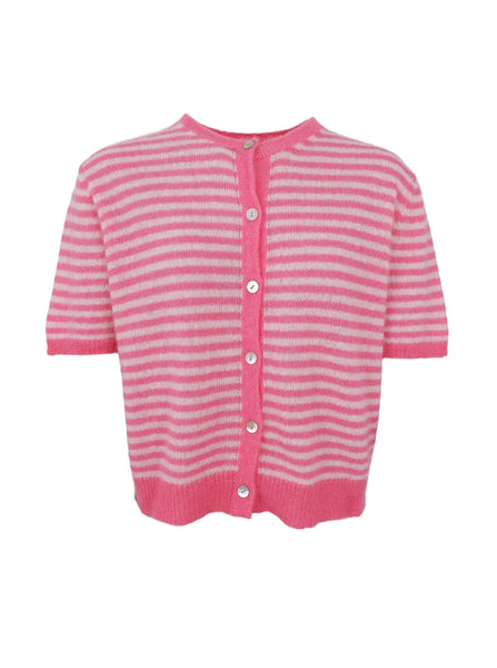 Black Colour Dell Striped Knit in Raspberry Pink and white striped cardigan on a white background