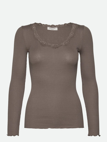Rosemunde Babette Long Sleeve U-Neck Lace T-Shirt in Falcon 5369