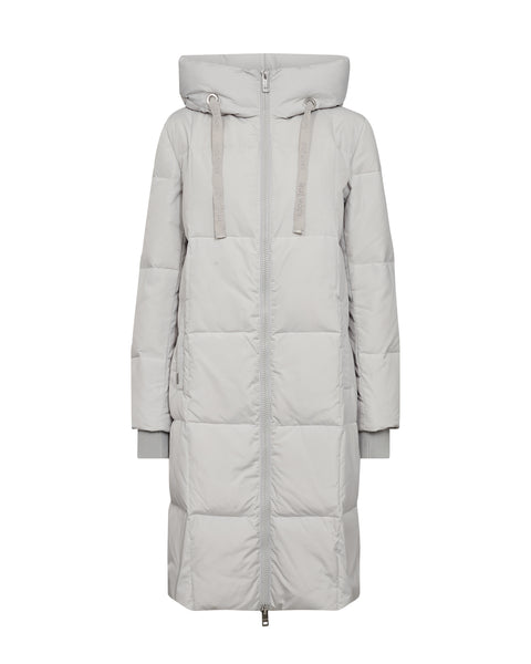 Mos Mosh Nova Square Down Coat in Glacier Grey Long light gray puffer coat with a hood on a white background
