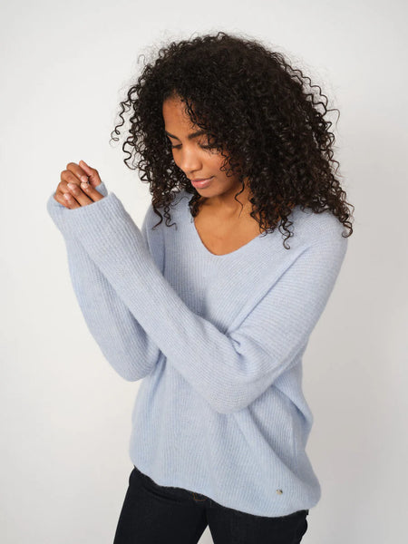 Mos Mosh Thora V-Neck Knit in Cashmere Blue