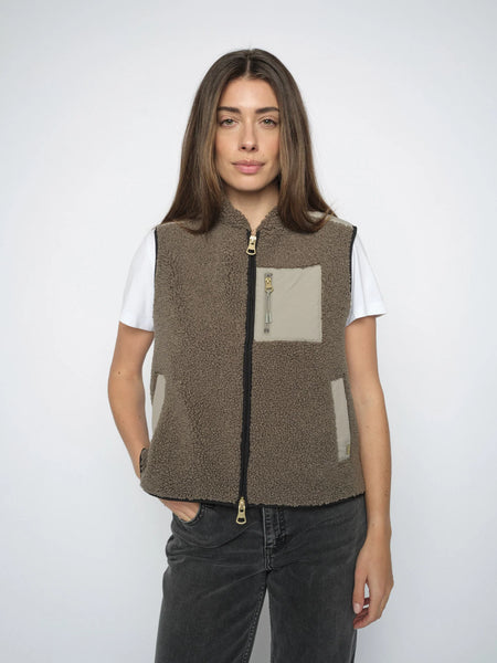Mos Mosh Rowe Eli Teddy Vest in Dusty Olive