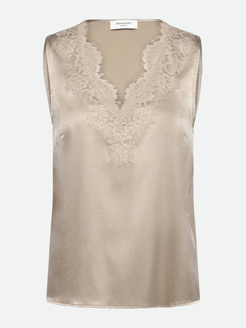 Rosemunde Jade Silk Top in Silver Lining 1892, Gold Silk Top with lace