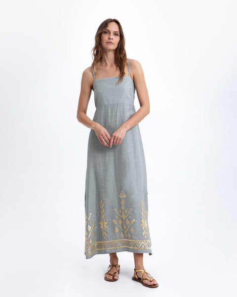 Greek Archaic Kori Maxi Ios Strappy Dress in Stone/Gold