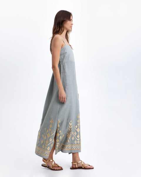 Greek Archaic Kori Maxi Ios Strappy Dress in Stone/Gold