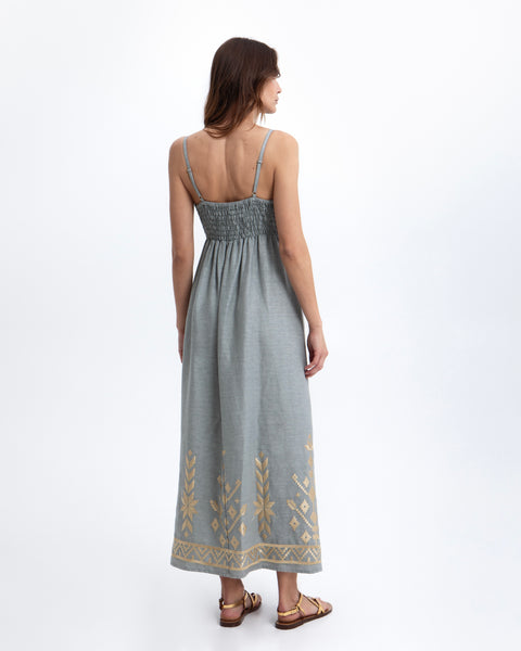 Greek Archaic Kori Maxi Ios Strappy Dress in Stone/Gold