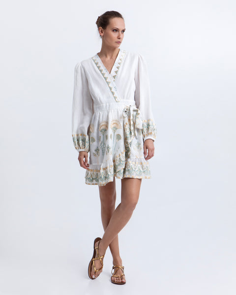Greek Archaic Kori Mini Wrap Dress Papyrus in White/Multi Mint 4073174