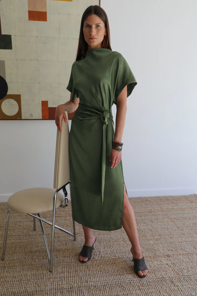 Vivere Rabia Side Tie dress in Dark Green