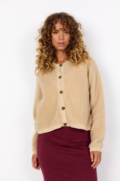 Soya Concept Onyx 7 Jacket in Sand 27343 Beige sherpa jacket with button details on a white background