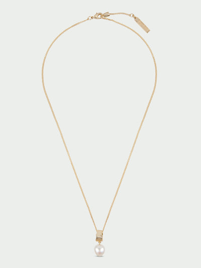 Tutti & Co Freshwater Pearl Necklace in Gold A delicate gold chain necklace featuring a single white pearl pendant, displayed against a light gray background.