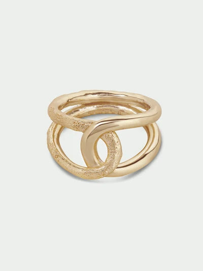 Tutti & Co Alder Ring in Gold A gold-toned multi-band ring with a textured matte finish and polished overlapping bands, shown on a light gray background.