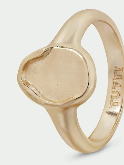 Tutti & Co Aster Pinky Ring in Gold A gold signet ring with an organic, wavy bezel setting and a polished interior band engraved with the brand name 'TUTTI', shown on a light gray background.