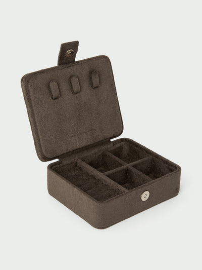 Tutti & Co Edge Mini Suede Jewellery Box A dark brown felt jewelry organizer box, shown open to reveal five compartments 