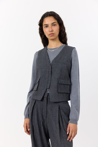 Levete Room Iris Waistcoat in Dark Grey. Pinstripe.