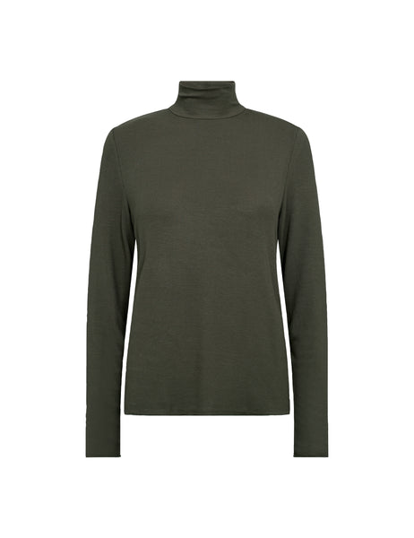 Levete Room Ika Tee Shirt in Black Olive. roll Neck, soft, Layering