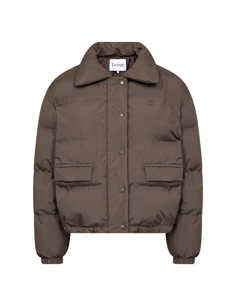 Levete Room Mona 1 Jacket in Coffee Brown puffer jacket with a brand label on a white background