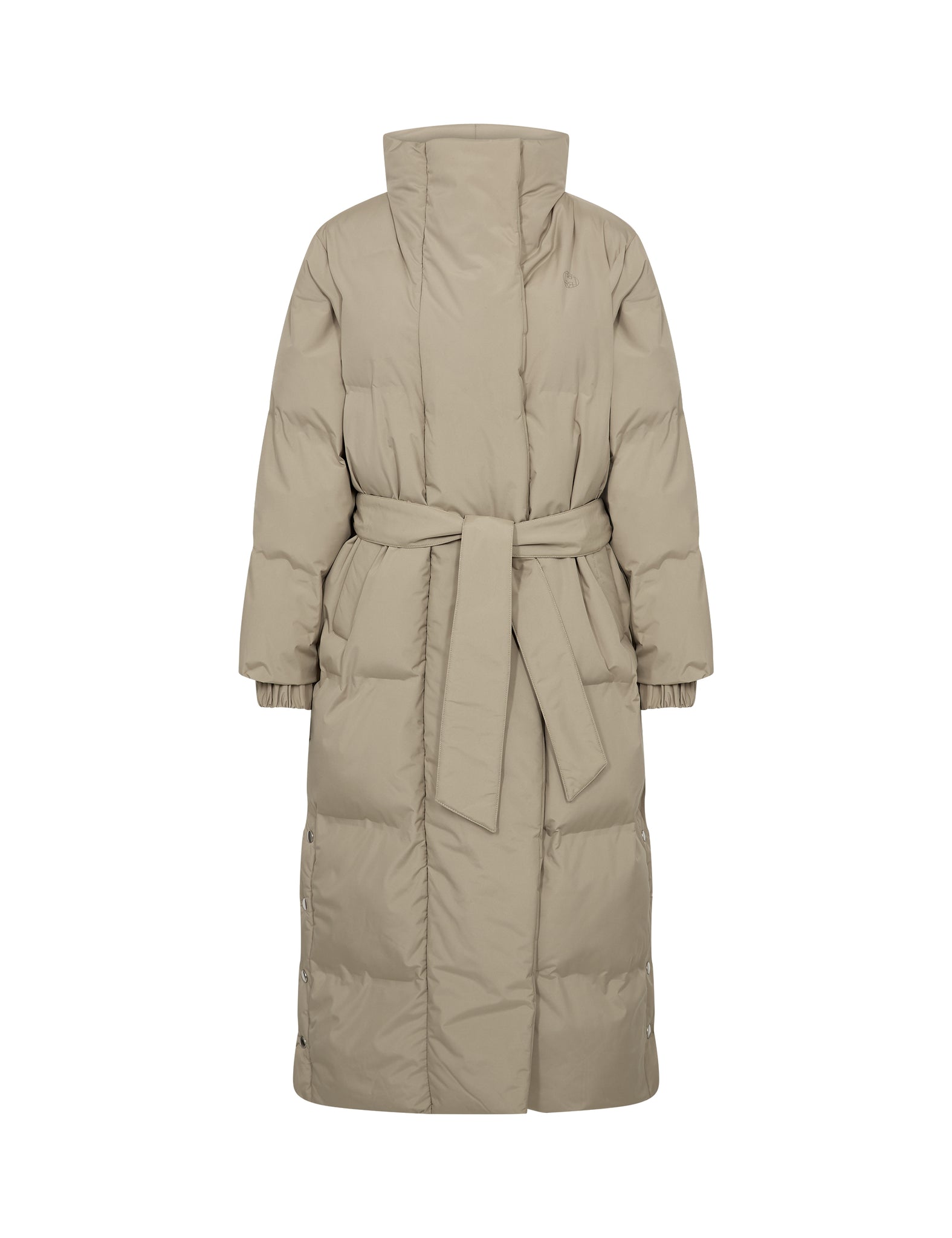 Levete Room Mona 4 Jacket in Aluminium Beige puffer coat with a belt on a white background