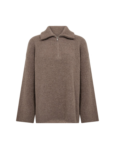 Levete Room Perle 10 Pullover in Walnut Melan Brown sweater with a half-zipper on a white background