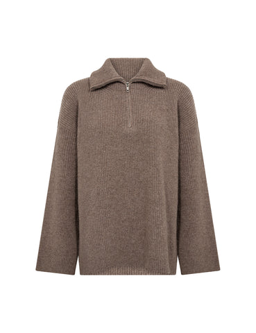 Levete Room Perle 10 Pullover in Walnut Melan Brown sweater with a half-zipper on a white background