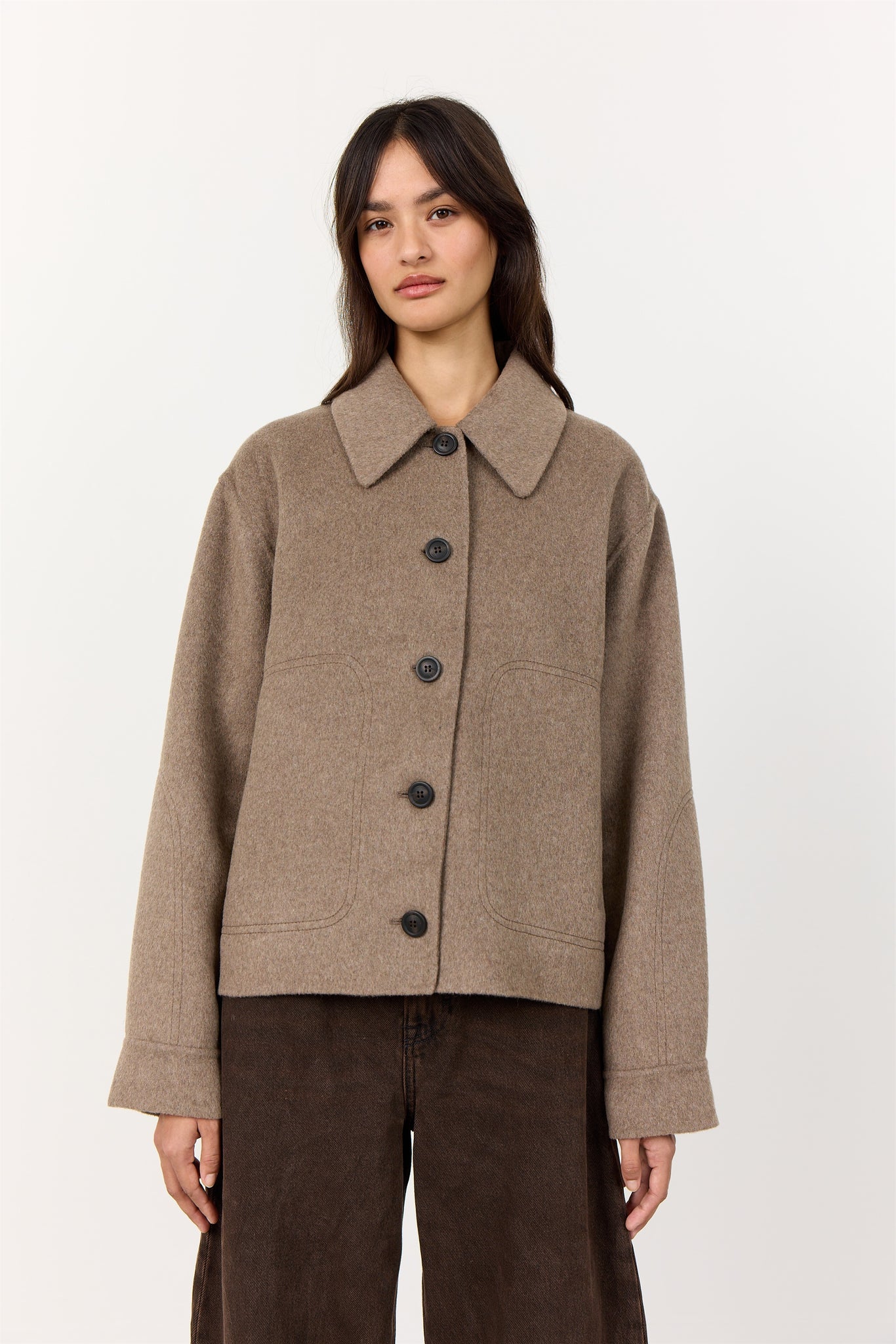 Levete Room Owa 25 Jacket in Cinder Melang Woman wearing a brown coat with  buttons on a white background