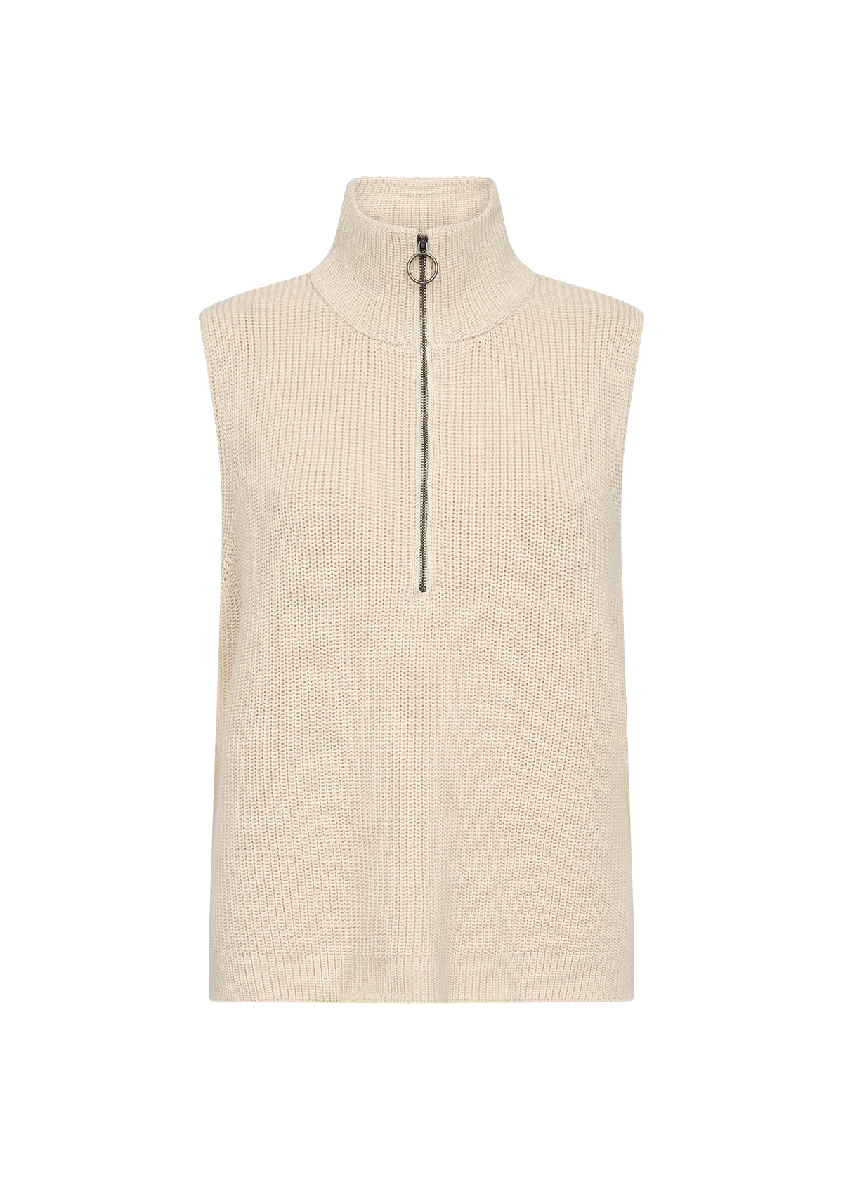 Soya Concept Julia 8 Waistcoat in Sand 33569 Beige ribbed knit sleeveless sweater with a zipper on a white background