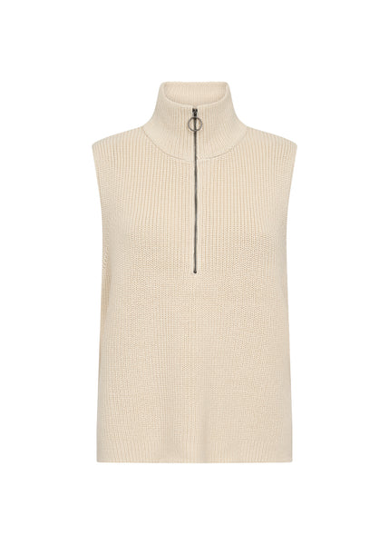 Soya Concept Julia 8 Waistcoat in Sand 33569 Beige ribbed knit sleeveless sweater with a zipper on a white background