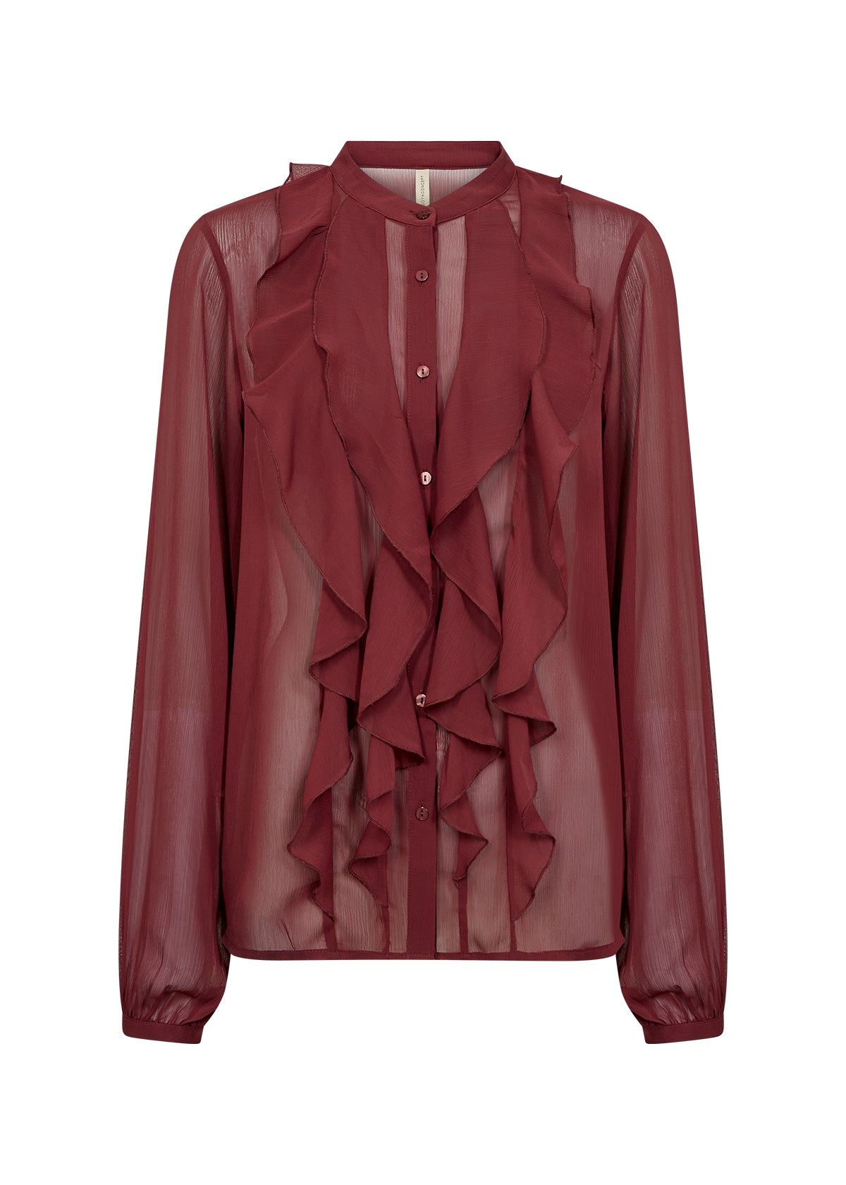 Soya Concept Naia 1 Shirt in Dark Red 40900 Maroon ruffled blouse on a white background