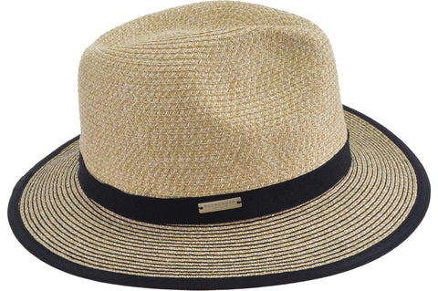 Seeburger Paper Braid Fedora with Contrast Stitch in Linen and Black 55415