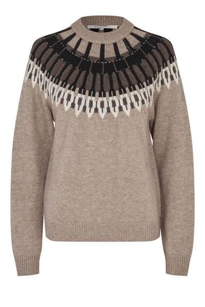 Second Female Arlo Knit O-Neck in Beige Melange A beige knit crewneck sweater with a dark brown and cream geometric Fair Isle yoke pattern, shown on a plain white background.