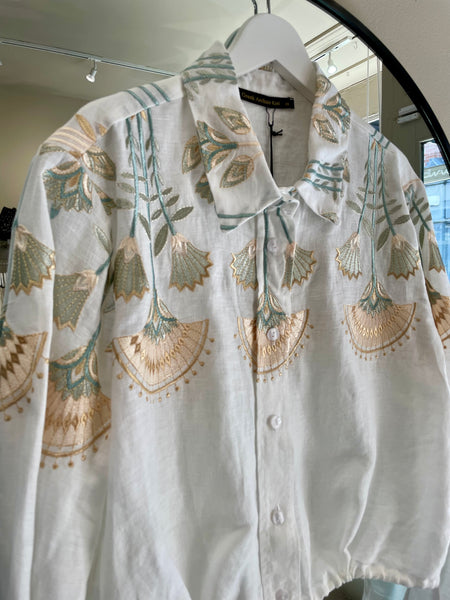 Greek Archaic Kori Drawstring Blossom Shirt in White/Multi Mint 2075044