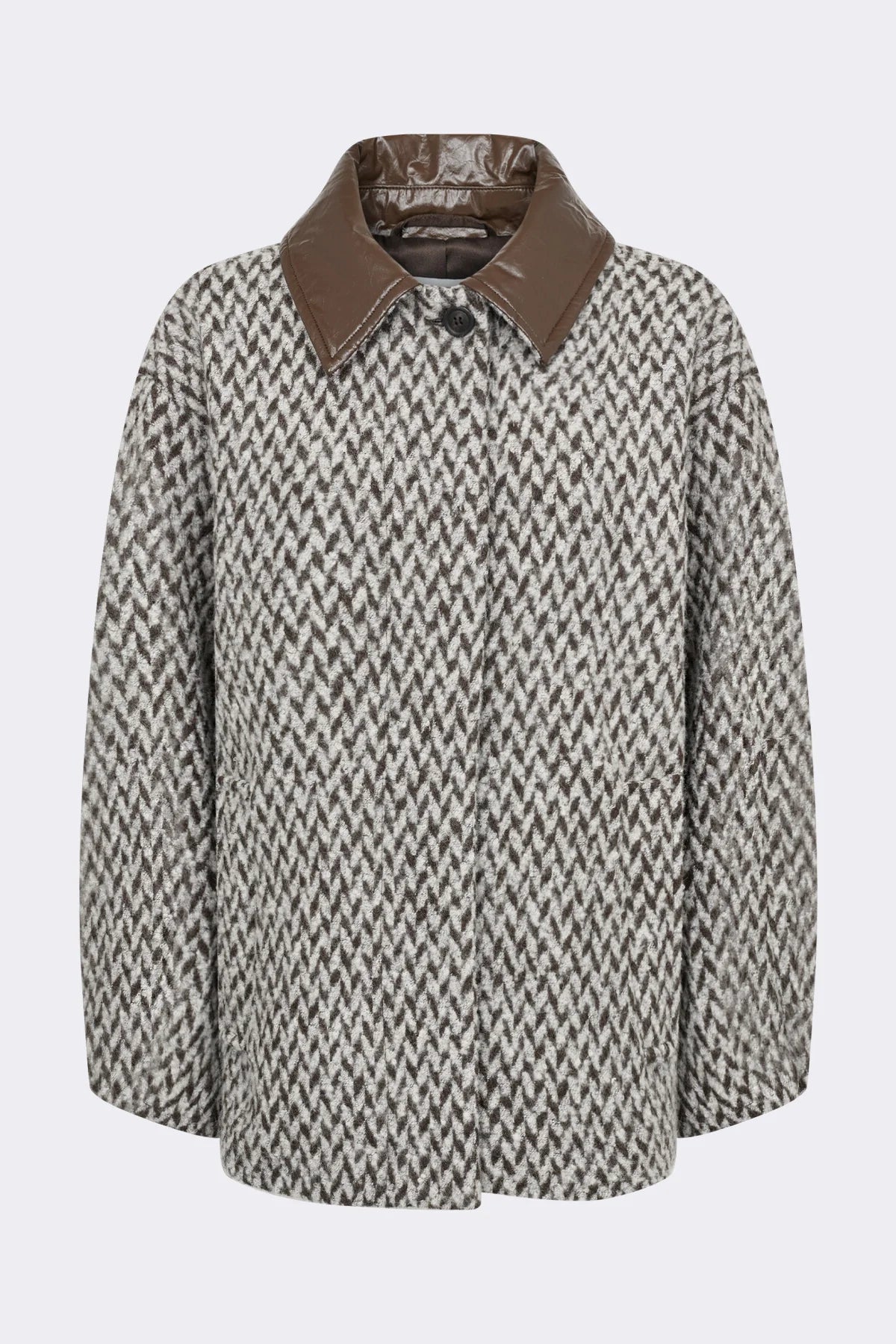 Levete Room Mai 1 Jacket in Coffee Combi Herringbone patterned coat with brown collar on a white background