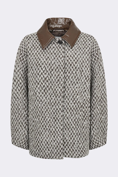 Levete Room Mai 1 Jacket in Coffee Combi Herringbone patterned coat with brown collar on a white background