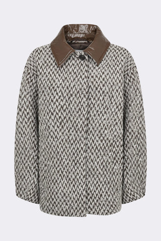 Levete Room Mai 1 Jacket in Coffee Combi Herringbone patterned coat with brown collar on a white background