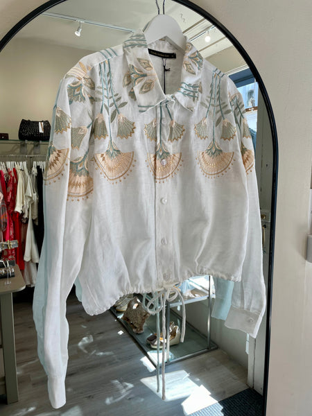 Greek Archaic Kori Drawstring Blossom Shirt in White/Multi Mint 2075044