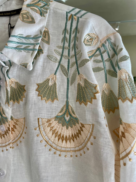 Greek Archaic Kori Drawstring Blossom Shirt in White/Multi Mint 2075044
