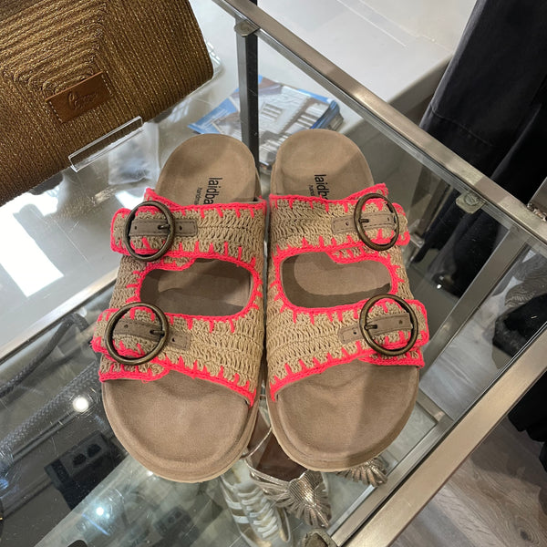 Laidback London Clay Sandal in Natural/Neon Pink