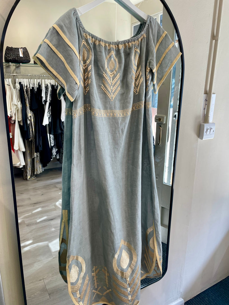Greek Archaic Kori Long Feather Dress in Stone/Gold – blue Saffron Walden