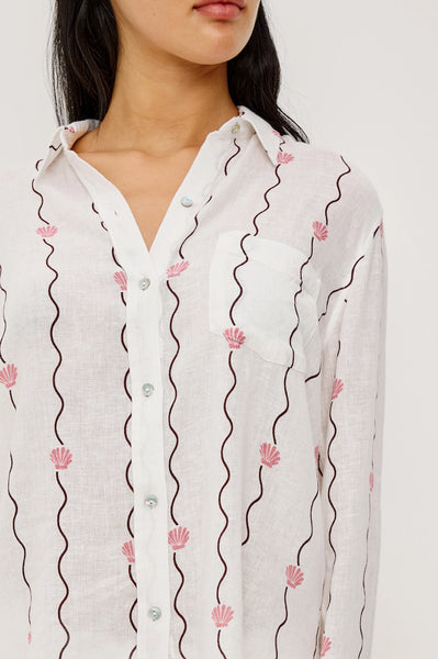 Rails Charli Shirt in Striped Seashells White shirt with black wavy line and pink floral pattern on a white background