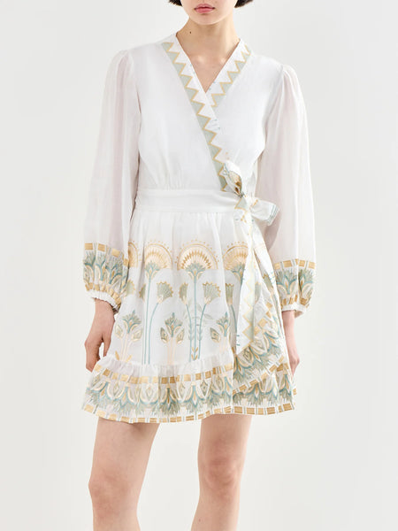 Greek Archaic Kori Mini Wrap Dress Papyrus in White/Multi Mint 4073174