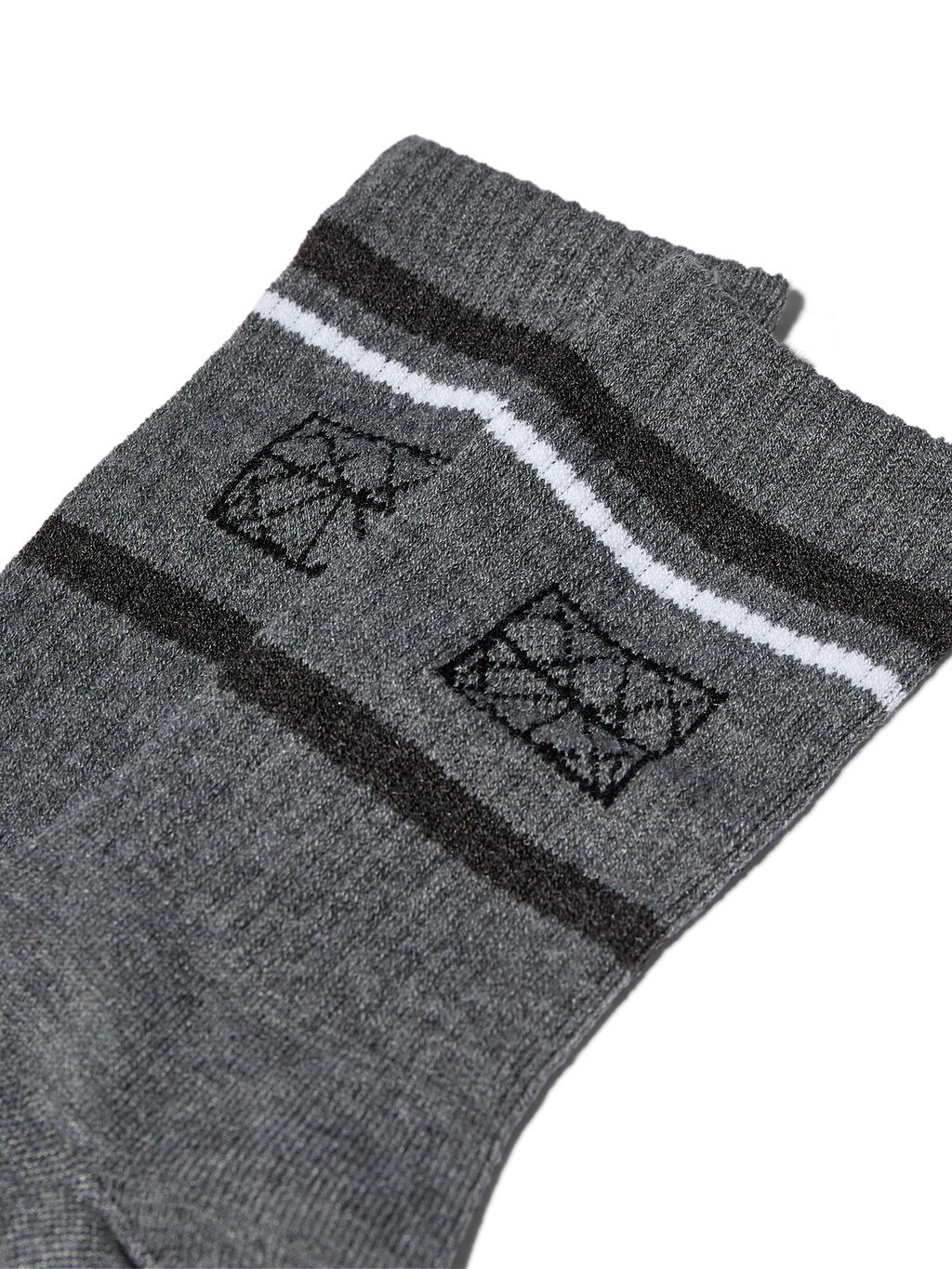Heyanno Logo Socks Gray sock with black and white patterns on a white background