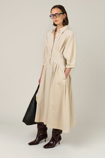 Vivere Novalie Pleat Needlecord Dress in Ecru