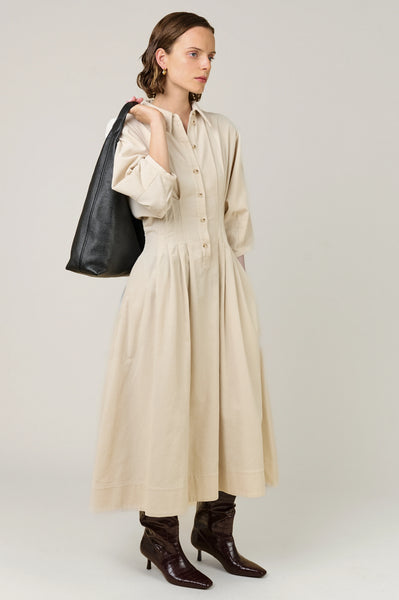 Vivere Novalie Pleat Needlecord Dress in Ecru