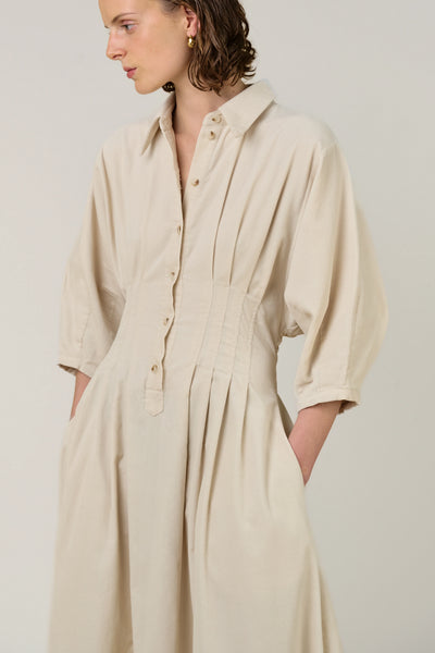 Vivere Novalie Pleat Needlecord Dress in Ecru
