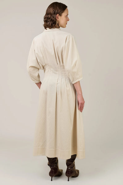 Vivere Novalie Pleat Needlecord Dress in Ecru